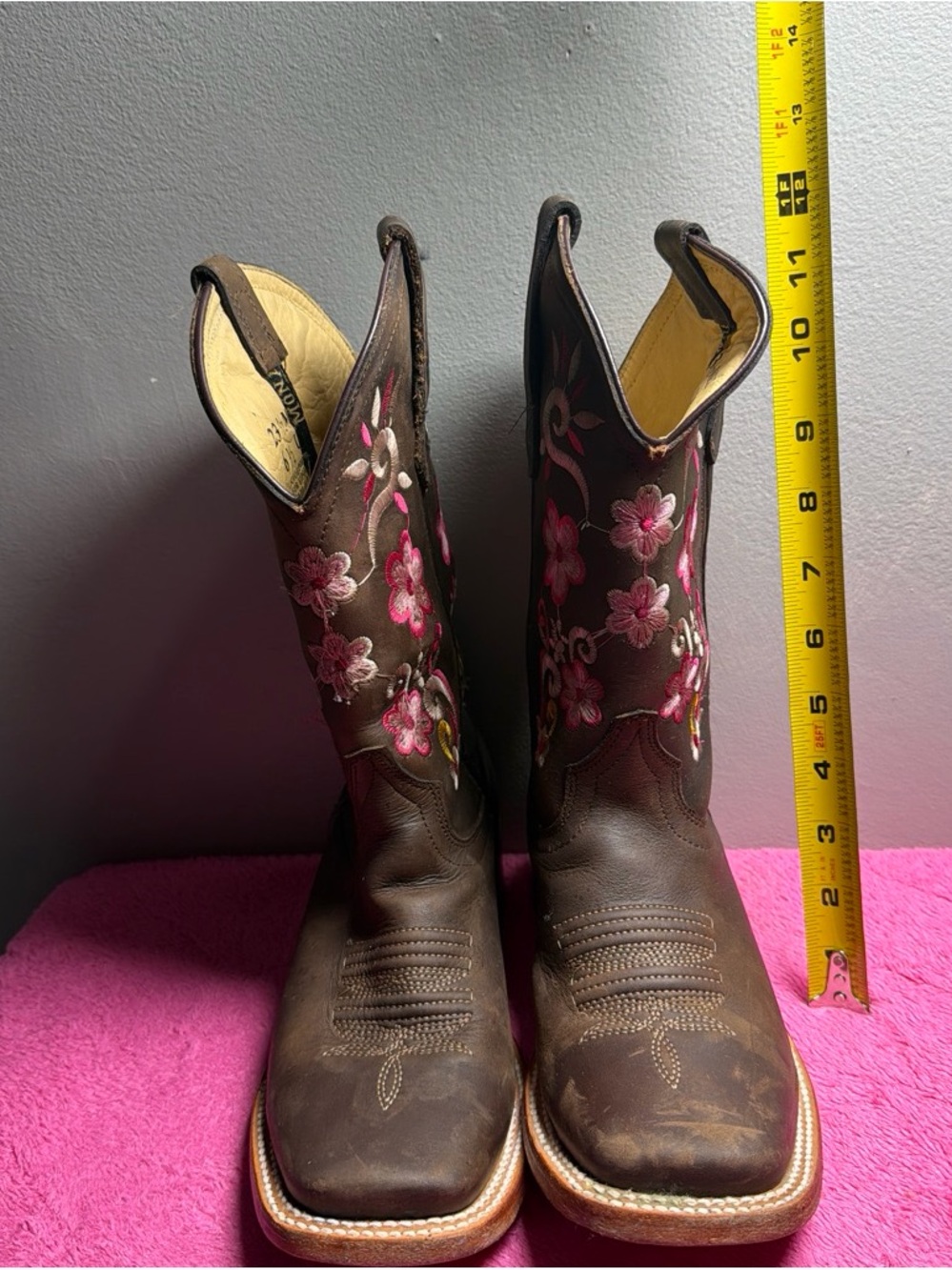 Monarch  Dark Brown Leather Lace-Up Boots with Pink Floral Embroidery